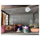 Shelf lot of assorted planters and candle holders