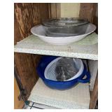 Glass baking pans, serving platter & colander
