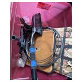 Tote of misc parts - piece of glass, cable, etc