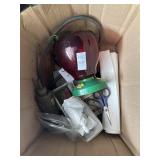 Box of misc - bird feeder, hardware, etc