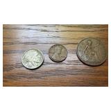 1935 UK Penny, 1938 Wheat Penny, 1937 Buffalo