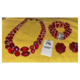 Vintage red AB beaded necklace bracelet & clip