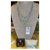 Anne Klein blue crystal necklace bracelet & clip
