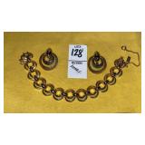 Goldtone bracelet w/safety chain & clip earrings