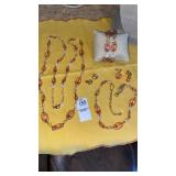 HMN signed pink bead (2) necklaces, (2) pr. Clip