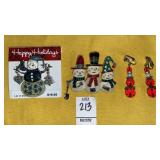 Enameled Snowman Pins, Santa bead clip earrings