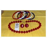 Red bead choker & clip earrings w/ bangles
