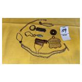 Watch chain, Golden nugget fob token, shirt clip,