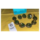 Vintage jade chip bracelet, ring & clip earrings