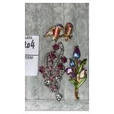 Rhinestone & enamel flower & birds  pins