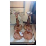 Two Sets of Pink Depression Glass Candlesticks