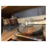 Shelf lot of baking trays and misc
