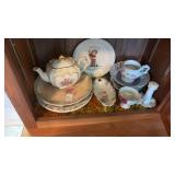 Shelf lot, assorted floral kitchen plates, tea