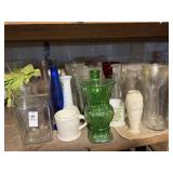 Shelf lot of misc glass vases