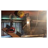 Metal hanging rack, wire cable, saws, and more