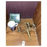 Brass candle sconce & Thomas Kinade mug