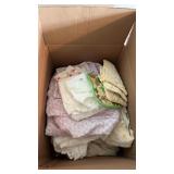 Box of Assorted Bedding and Pot Holders