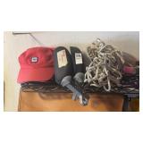 Golf hats, sunglasses cases, and basketball nets