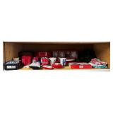 Shelf lot of misc Christmas items - mugs, tins,