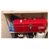 Red metal tool chest with contents - work gloves,