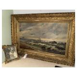 Hand painted ocean scene and old framed picture
