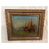 Framed vintage marine oil painting depicts
