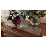 2 glass mini flower vases  with fake flowers