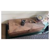 Wooden Crate W Cast Iron Owl and Pottery Items
