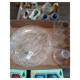 Clear glass lot, platter, glass serving utensils