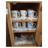 3 shelves of cups, Franciscan plates etc