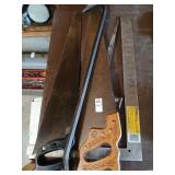 Lot of saws, crow bar, framing square