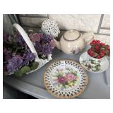 Vintage hobnail milk glass basket and misc floral