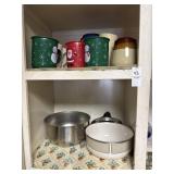 Shelf lot of misc mugs and pots
