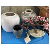 Lot of ceramic vases and faux bonsai tree