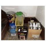 Lot of misc - tins, parts of food processor, disc