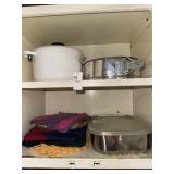 Shelf lots of potholders and misc bakeware