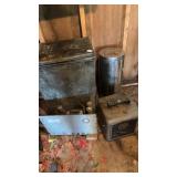 2 metal trash bins with vintage metal shop fan