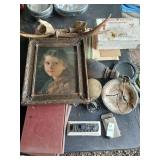 Vintage lot of misc, wall art, deer antlers etc