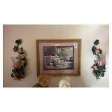 Framed Floral Print and Wall Sconces
