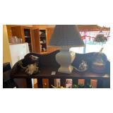 Shelf lot - ceramic table lamp, angel snow globe,