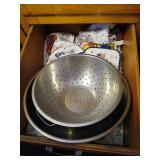 Drawer lot of kitchen towels, stainless bowls,