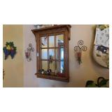 Wooden Window Pane Wall Mirror and Candle Sconces