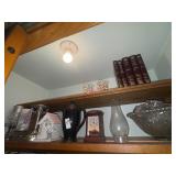 Two shelf lots of candles and holders, punch bowl