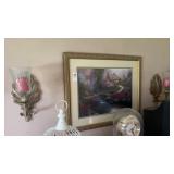Brass Wall Sconces and Framed Cottage Art