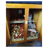 Cabinet lot of apple decor, cups, canisters,
