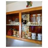 Cabinet lot of cups, canisters, misc kitchen