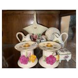 Floral basket, vase, trinket box, candle holders,