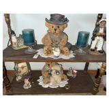 Two shelf lots of fishing style figurines/decor,