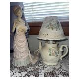 Victorian style lady figurine and ceramic teapot