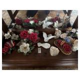 Shelf lot of floral figurines and etc